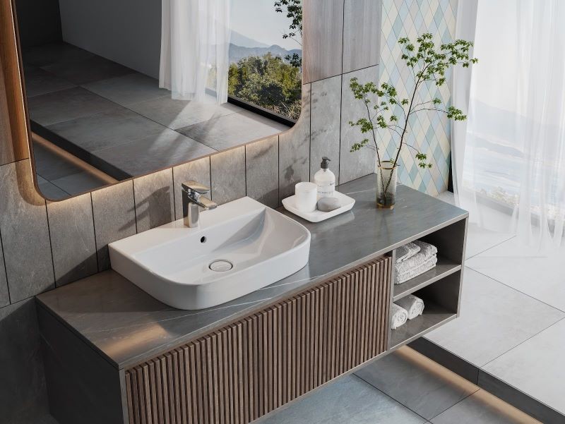 Thiết kế nhà vệ sinh với chậu cây nhỏ bên cạnh lavabo