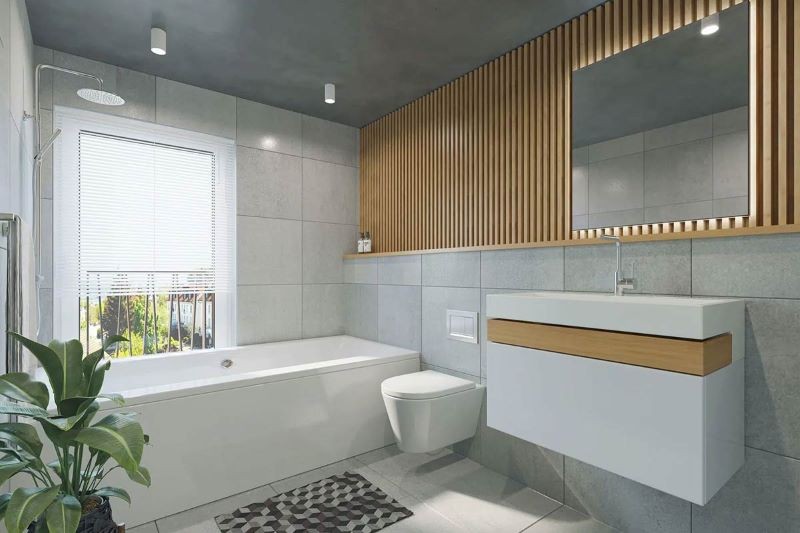 Thiết kế nhà vệ sinh với bàn cầu, lavabo treo tường để có không gian rộng hơn