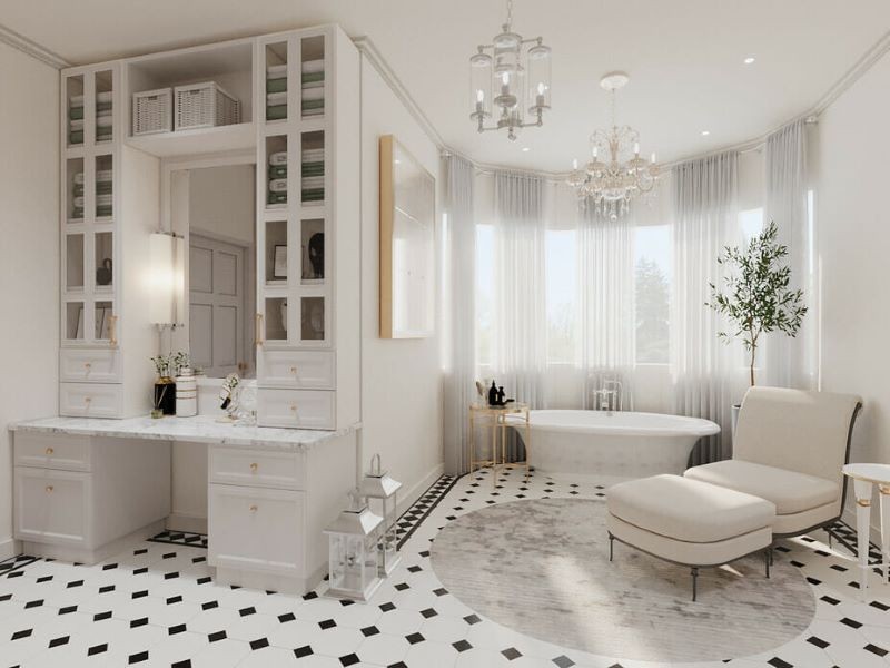 Lắp đặt bồn tắm rời bên cạnh cửa sổ, kết hợp với rèm treo, đèn chùm