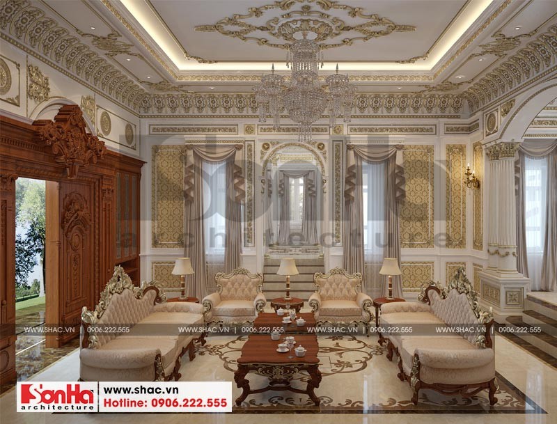 Không gian nội thất phòng khách cổ điển xa hoa sang trọng đến từng tiểu tiết