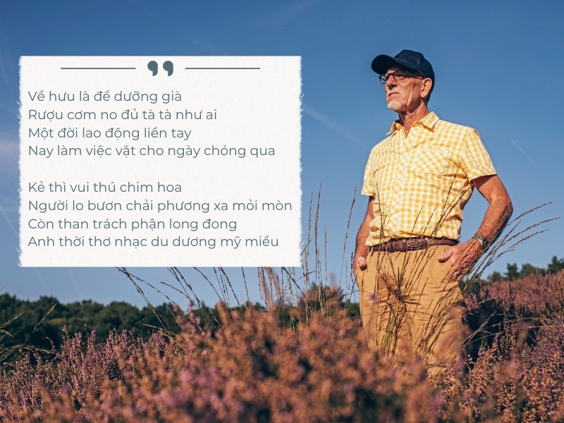 Cảnh đời thường vui vẻ, có thể liên quan đến việc nghỉ hưu và tận hưởng cuộc sống